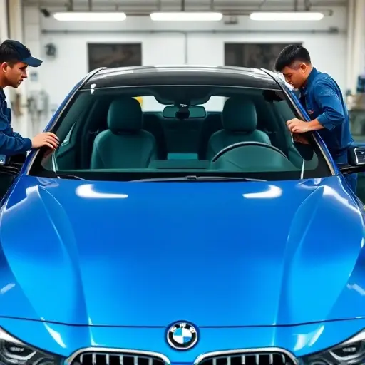 A high-quality close-up of a BMW Alpina B3 windshield being carefully removed by professional mechanics in a clean, well-lit auto glass workshop, focusing on the car's sleek blue exterior and the precision of the glass replacement process, with no people's faces visible