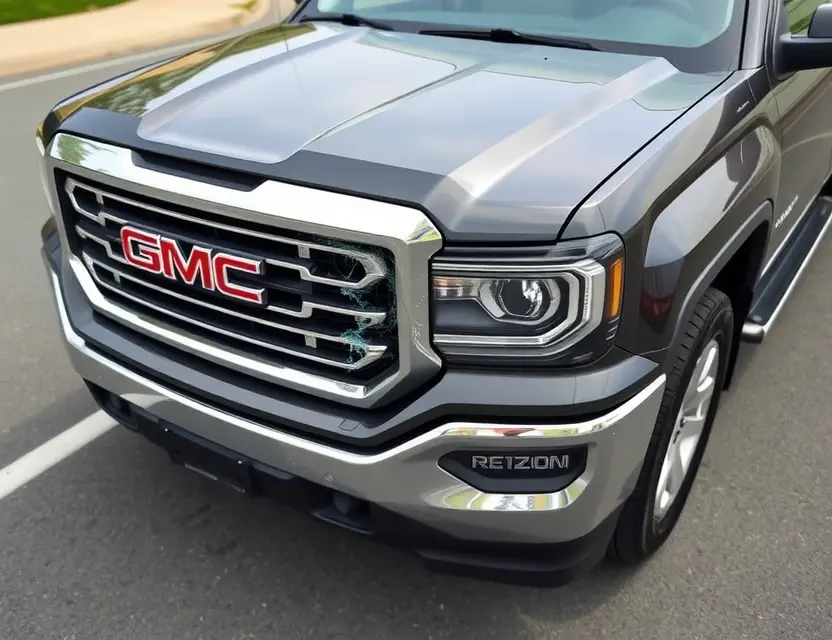 A close-up shot of a GMC Sierra 1500 truck with a cracked windshield, showing the area where the windshield needs replacement. The truck is parked on a clean, paved surface. Focus on the damaged windshield area.
