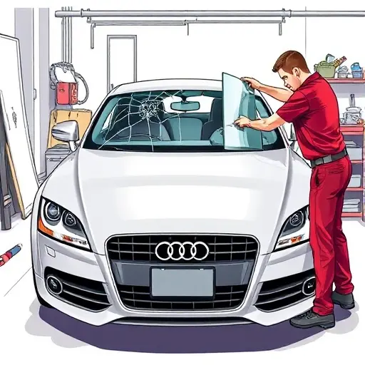 A detailed, high-resolution illustration of a mechanic replacing the windshield of an Audi TT 2.0 TFSI (2006-2014) in a garage setting, showing the car's front profile, the old cracked windshield removed, the new clear glass being fitted, with tools and a workbench visible, all in a realistic style