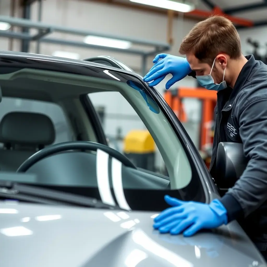 A professional mechanic in a clean workshop wearing blue gloves carefully inspecting the edges of a newly installed windshield on a silver Aaglander Victoria 2.5, ensuring a perfect seal and fit, high quality, realistic lighting
