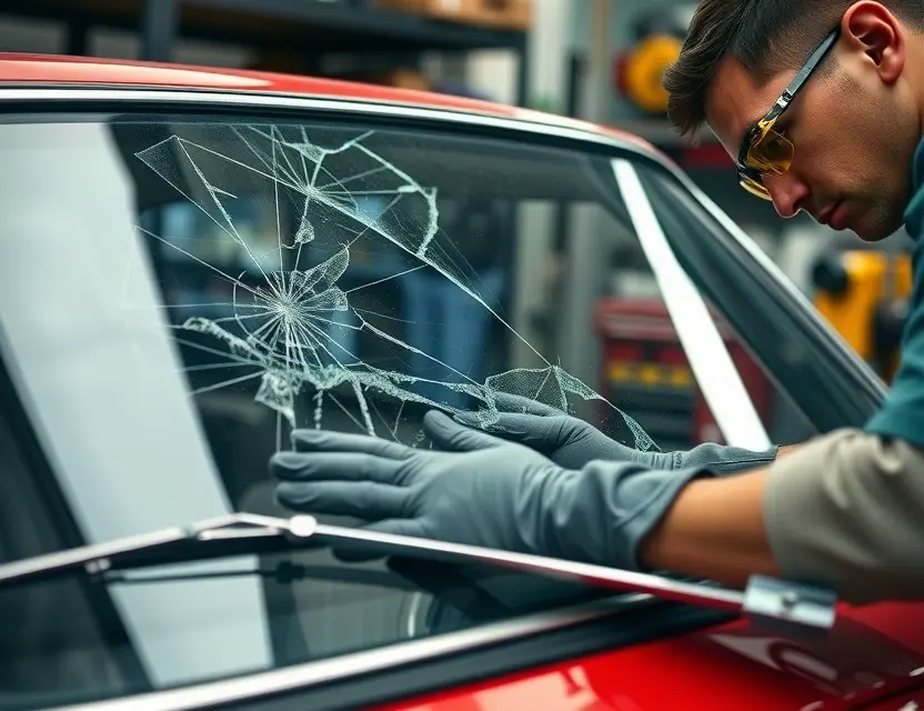 A close-up shot of an Austin Allegro with a cracked windshield being replaced by a mechanic. The mechanic is wearing gloves and a safety glasses. The background shows a garage setting with tools and equipment. Focus on the replacement process and the details of the windshield replacement.