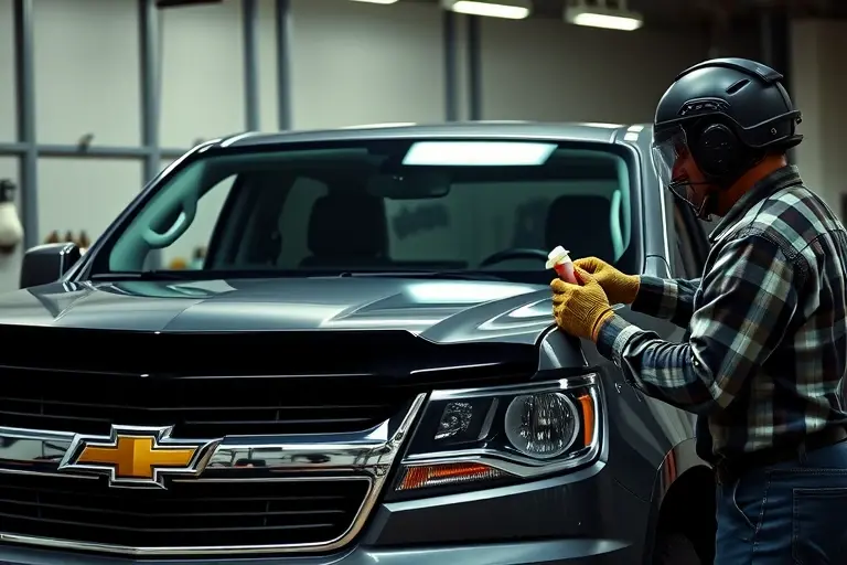A detailed, realistic scene of a mechanic replacing the windshield on a 2015 Chevrolet Colorado 3.6 V6 truck. The image shows the truck's front side with the old cracked windshield removed and a new clear windshield being fitted. The mechanic, wearing a protective helmet and gloves, is using a specialized windshield suction tool and a small spray bottle to apply adhesive. A workbench with automotive tools, a small container of windshield adhesive, and a safety mask are visible in the background. The setting is a well-lit garage with a subtle industrial feel, emphasizing the precision and care of the replacement process.