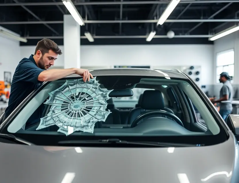 A modern car with a damaged windshield being replaced by a professional technician in a clean, well-lit auto service center, showing the new windshield being installed with precision tools, no text or logos visible