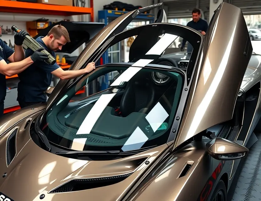 A high-quality image depicting the replacement of a windshield on a SSC Tuatara hypercar. The scene should show a mechanic working on the windshield, with tools and parts visible. The car should be in a garage or workshop setting. Focus on the technical aspect of the replacement.
