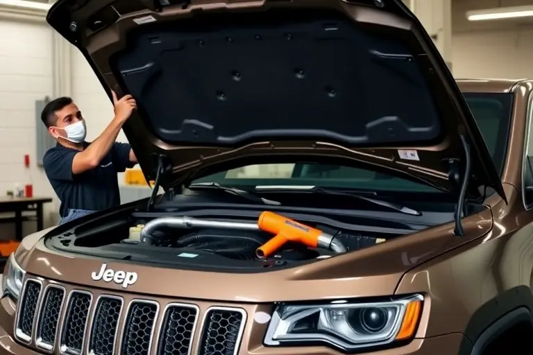 A mechanic in a garage replacing the windshield of a Jeep Grand Cherokee 5.7 V8 HEMI 357 hp. The scene shows the open hood, the new windshield being fitted, tools like a suction cup and a glass cutter, and the car's front profile. The background is a clean workshop with a workbench and a safety mask on the mechanic.