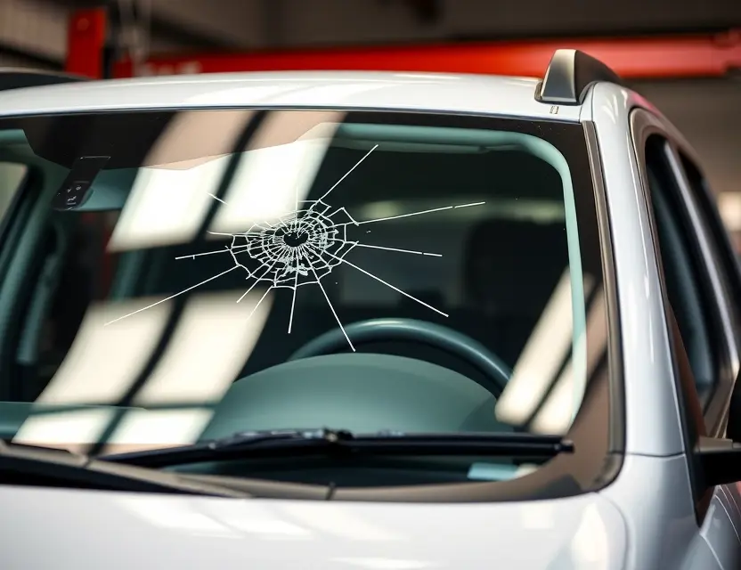 A Geely Atlas Pro with a cracked windshield being replaced by a mechanic. The replacement windshield is being carefully installed. Focus on the replacement process and the car's exterior.