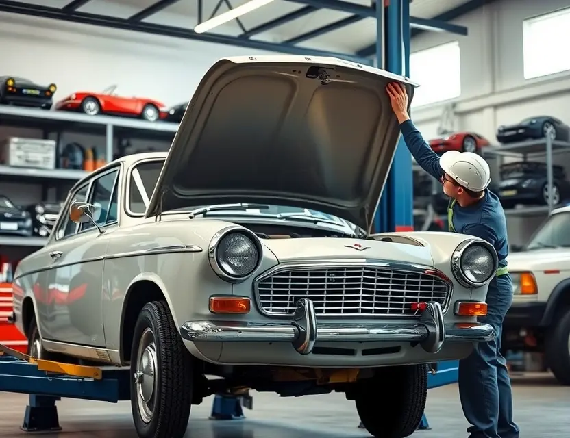 A high-quality, realistic photograph of a mechanic carefully removing the old windshield from a classic Austin Montego car in a well-lit auto repair shop. The car is positioned on a lift, with the front hood open. The mechanic is wearing safety gear and using professional tools. The background shows organized shelves with car parts and tools, emphasizing a professional automotive service environment. The image should focus on the vehicle and the replacement process without any text or logos.