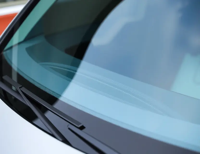 A close-up shot of a SEAT Ibiza with a replaced windshield. The windshield is clear and new, seamlessly integrated with the existing frame. Focus on the details of the replacement, highlighting the quality of the glass and the precision of the installation. The car should be parked on a clean, slightly reflective surface.