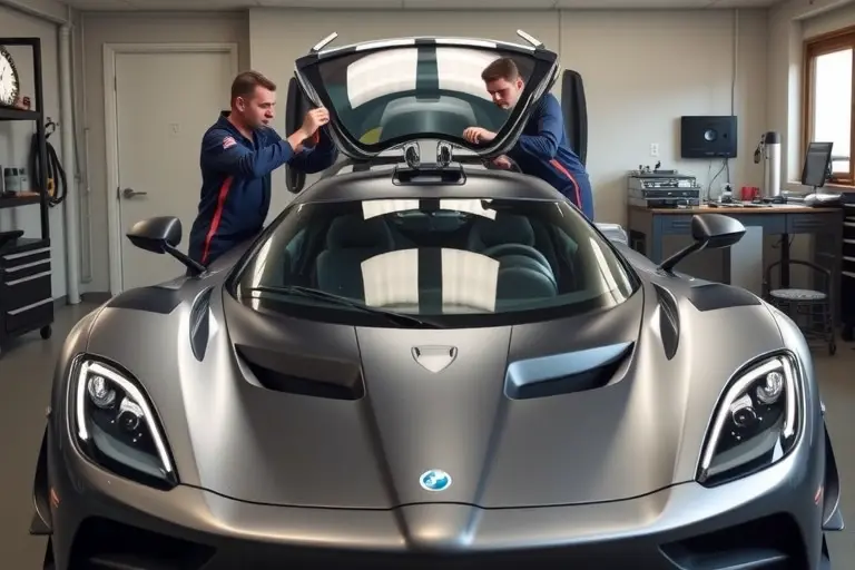 A high-performance Koenigsegg Jesko supercar in a garage setting, with a mechanic in a jumpsuit carefully removing the old windshield and installing a new one. The scene shows the car's front profile, the windshield in the air, tools on a workbench, and a clean, well-lit environment.