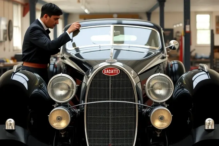 A classic 1936 Bugatti Type 57 shown from the front with its windshield being replaced. A skilled mechanic in period-appropriate attire is gently removing the old curved glass and positioning a new matching windshield. Emphasize the elegant Art Deco lines, polished chrome, and delicate glass work of the car, set in a vintage workshop with subtle lighting.