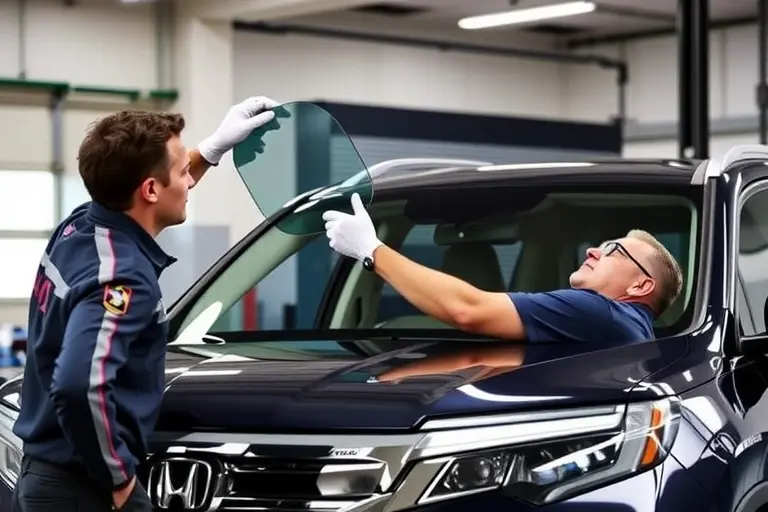 A mechanic in a garage replacing the windshield of a 2023 Honda Pilot 3.5 V6 285 hp, with the car partially open, the mechanic wearing gloves, holding a new windshield, placing it into the frame, in a clean, well-lit environment, no text or logos visible.