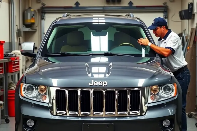 A mechanic in a garage replacing the windshield of a 2011 Jeep Grand Cherokee 3.6 V6 293 hp, showing the car's front, the old windshield being removed, the new windshield being installed, with tools and safety gear, realistic, detailed, no text