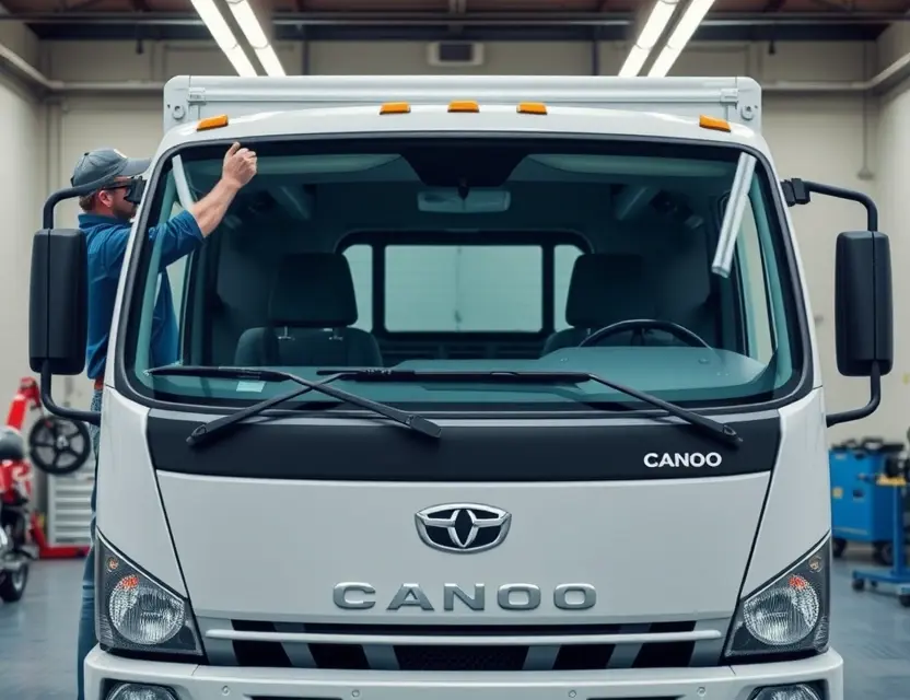 A high-quality, realistic image showing the front view of a Canoo Pickup Truck with its windshield being replaced by a technician. The scene depicts the removal of the old glass and the installation of a new one, with tools and safety equipment visible. The vehicle is parked in a clean, well-lit auto repair shop. The focus is on the truck's unique boxy design and the windshield area, with no text or logos on the glass.