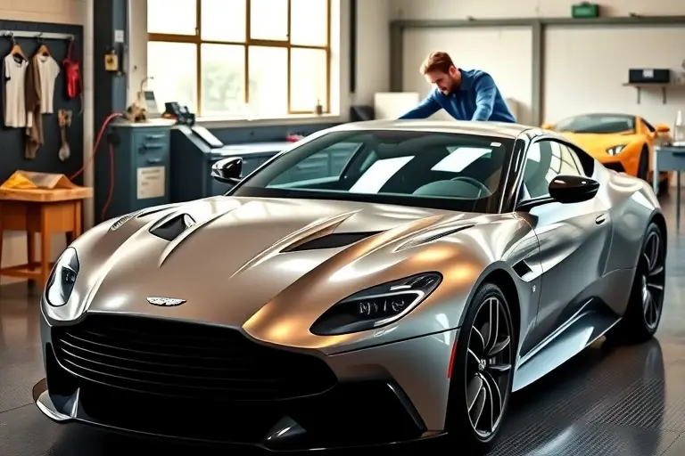 A high-detail scene of an Aston Martin DBS Superleggera in a professional auto-repair garage, a technician in clean coveralls and gloves carefully installing a new windshield, with tools and a clean workbench, bright natural lighting highlighting the car's sleek lines, no text or logos visible