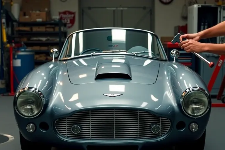 A vintage 1953 Aston Martin DB3S in a classic workshop, with its curved front windshield being carefully removed and a new one being installed. The sleek racing body is visible, the glass glints under soft lighting, and a mechanic's hands hold period-appropriate tools, focusing on realistic detail and atmosphere. No text, letters, or digits appear in the scene.
