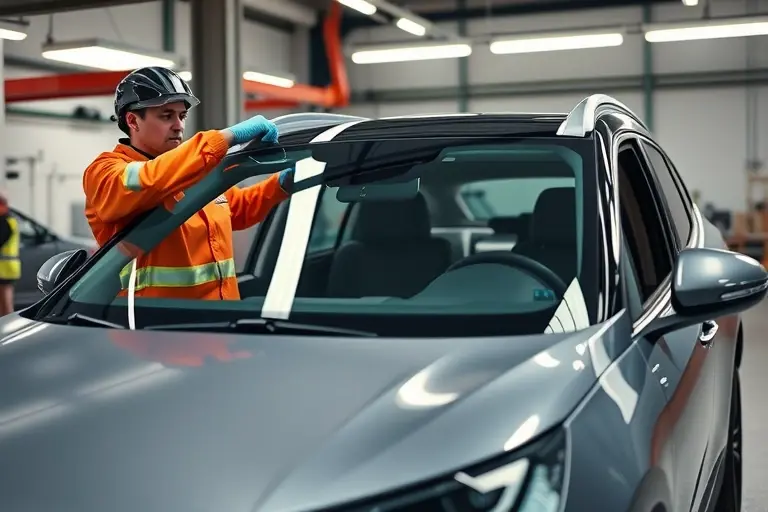 A modern Aion V Plus electric SUV (2022 model) in a professional auto workshop, with a skilled mechanic in safety gear carefully removing the old windshield and installing a new transparent windshield, tools and clean glass parts visible, realistic lighting and detailed car body, focusing on the windshield replacement process