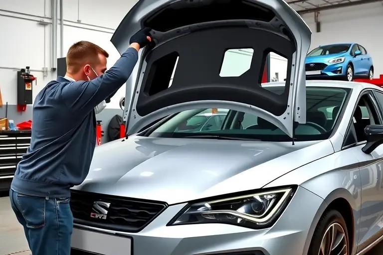 A detailed workshop scene showing a mechanic replacing the windshield of a 2020 Cupra Leon 2.0 TSI 245 hp. The mechanic, wearing gloves and a protective mask, carefully removes the old glass from the car’s front and uses a suction device to lift the new windshield into place. The car is partially lifted on a hydraulic lift with the hood open, revealing the interior of the windshield frame. The background shows a clean garage with automotive tools and a Cupra Leon car on a lift. No text or lettering should appear.
