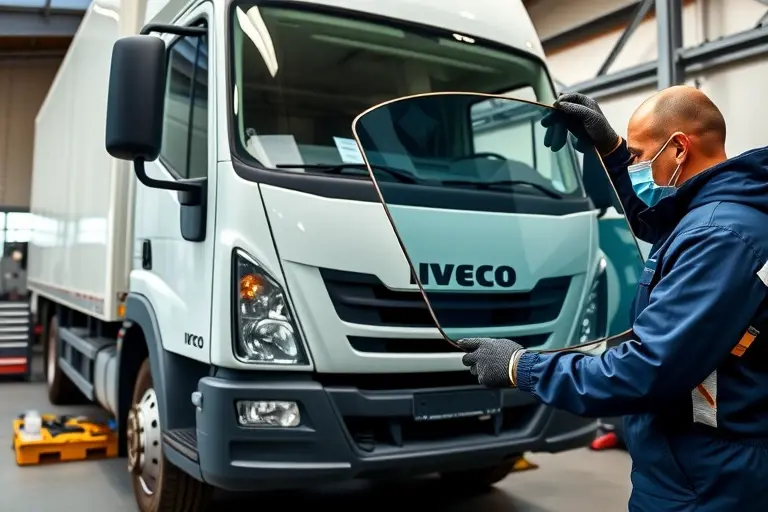 A mechanic in a garage is replacing the windshield of an Iveco Daily 2.3 diesel truck (2014 model). The scene shows the truck on a lift, the old windshield removed and a new one being fitted. The mechanic is wearing gloves and a protective jacket, holding the new windshield, with tools and a safety mask nearby. The background includes a workbench, a toolbox, and a clear view of the truck’s front hood. The image should capture the detailed process of the replacement, focusing on the vehicle, the windshield, and the mechanic’s hands and tools, with a realistic, high‑resolution look.