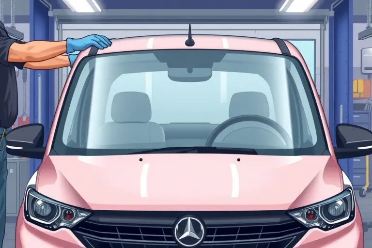 A detailed illustration of a mechanic in a garage, wearing protective gloves, carefully removing the old windshield from a Jaecoo J7 1.6 Turbo 186 hp (2023 model) and installing a new clear windshield. The focus is on the car's front, the windshield area, and the mechanic's hands. The scene is well-lit, with a clean, modern garage background. No text or lettering should appear in the image.