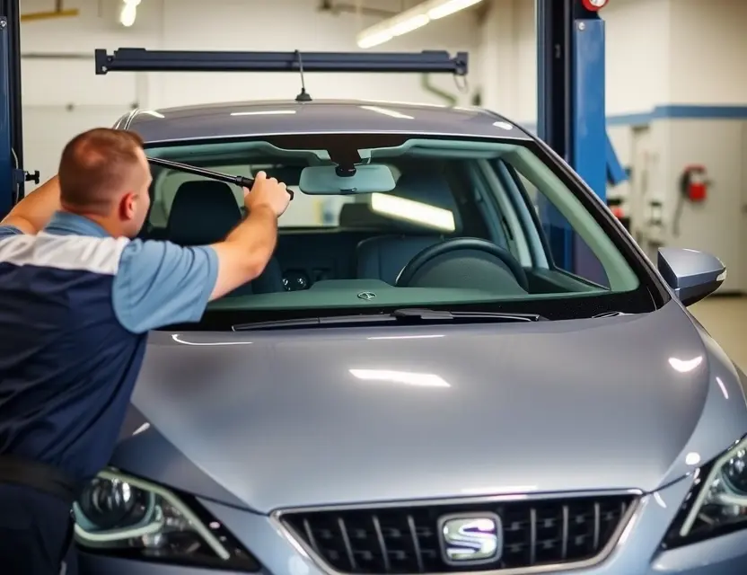 A mechanic is replacing a windshield on a SEAT car in a garage. The car is raised on a lift, and the mechanic is using tools to remove the old windshield and install a new one. Focus on the car's windshield area and the mechanic's hands working on it. The garage should have typical garage elements like tools, equipment, and possibly other cars in the background.