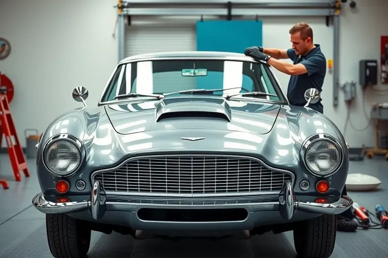 A detailed, realistic scene of a 1967 Aston Martin DBS with its iconic sleek body, shown in a professional garage where a skilled mechanic is carefully removing the old windshield and installing a new one. The car is positioned centrally, with the open front area highlighting the glass replacement process, tools like suction cups and a glass cutter visible, and a clean, well-lit workshop background. Emphasize the classic car's elegant lines, the glossy new windshield, and the precise craftsmanship of the restoration.