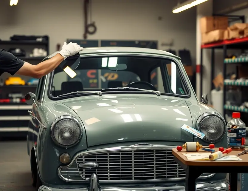 Замена лобового стекла Austin A30 A vintage Austin A30 car parked in a well-lit auto repair garage, with the front windshield removed and a new glass panel being carefully installed by a mechanic wearing safety gloves. The scene shows tools, suction cups, and adhesive materials on a workbench nearby. The car is in classic condition with chrome details, and the background features organized shelves with automotive parts. The lighting is bright and professional, highlighting the precision of the windshield replacement process.
