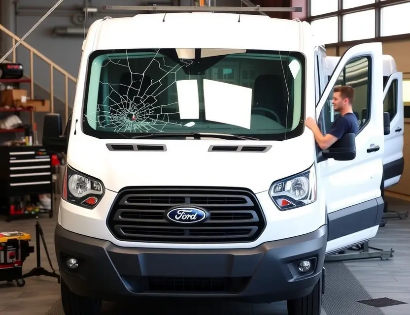 A Ford Transit van with a cracked windshield undergoing windshield replacement. The van is parked on a service bay with tools and equipment visible. Focus on the replacement process, showing the technician working on the new windshield.