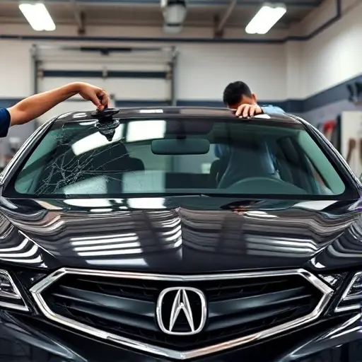 A close-up of a mechanic replacing the front windshield of an Acura TLX in a professional auto repair shop, showing the old cracked windshield being removed and the new one being carefully installed with suction tools, soft daylight from overhead shop lights, clean garage environment with tools and protective covers visible, focus on precision and safety, no text or logos on the windshield or tools