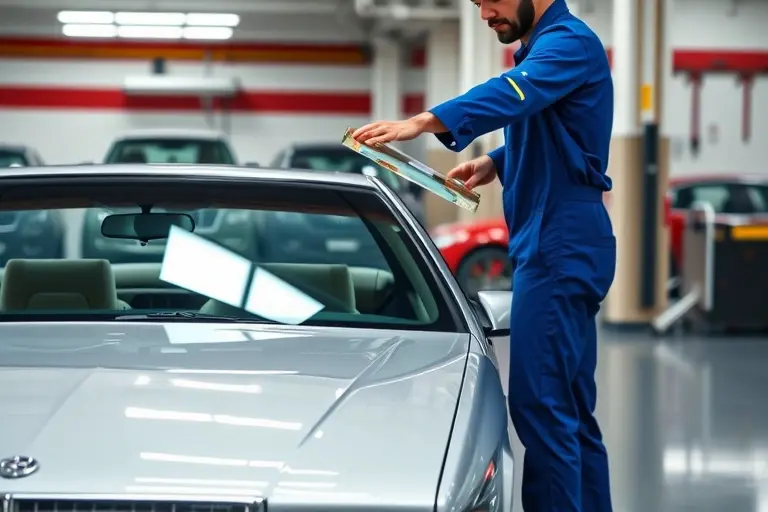 A realistic high-resolution scene showing a Cadillac DeVille (1990s model) parked in a clean auto repair garage, with a technician in a blue jumpsuit carefully removing the old windshield and holding a new windshield ready to install. Focus on the car's front, the windshield glass, and the mechanic's hands and tools, with bright natural lighting and a professional workshop background.