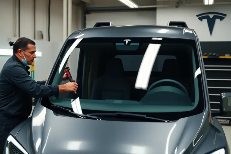 A detailed scene of a Tesla Cybertruck Cyberbeast in a modern garage, with a mechanic wearing protective gear replacing the windshield. The new windshield is being fitted, with tools and a partially removed old glass. The background shows a clean workshop with a workbench, a tool rack, and a subtle Tesla logo on a wall. The focus is on the vehicle's front, the windshield area, and the replacement process, with realistic lighting and depth of field.