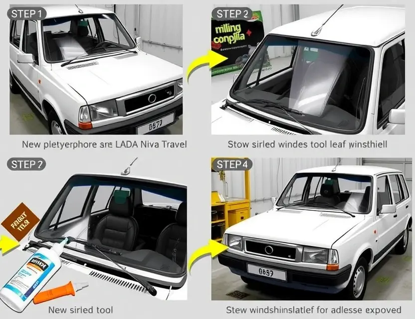 A detailed step-by-step process of replacing the windshield of a LADA Niva Travel. The image should show the car with the old windshield being removed, the new windshield being prepared and installed, and the final result with the new windshield in place. The scene should include necessary tools and equipment like a windshield removal tool, adhesive, and safety gear.