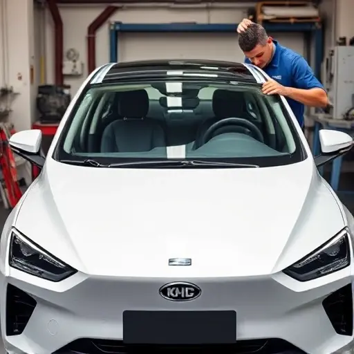 A mechanic replacing the windshield of a BAIC EU5 electric car, showing the car's front, the mechanic holding a new windshield, tools, and the old windshield being removed, in a workshop setting, with focus on the car and the replacement process