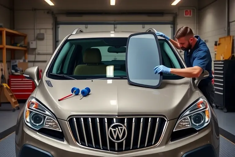 A realistic scene of a Buick Encore (2012-2019 model) in a garage, with a professional mechanic carefully removing the old windshield and installing a new one. The car is positioned centrally, showing the open windshield area, with tools like suction cups, a windshield removal tool, and a clean new windshield ready to be fitted. The background includes typical garage elements such as workbench, toolboxes, and soft lighting, emphasizing a focused automotive repair environment.