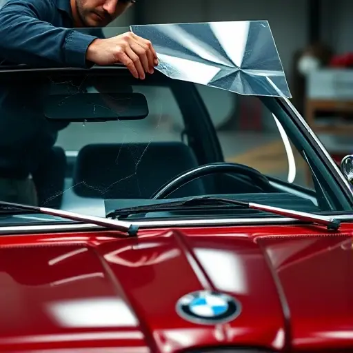 A detailed close-up of a mechanic replacing the windshield on a classic BMW 3er E21 (1975-1982) with a 2.0L 125hp engine. The scene shows the car's front, the old cracked windshield removed, the new clear glass being fitted, with tools and a protective film visible. The background is a workshop with subtle lighting, emphasizing the precision of the replacement process.