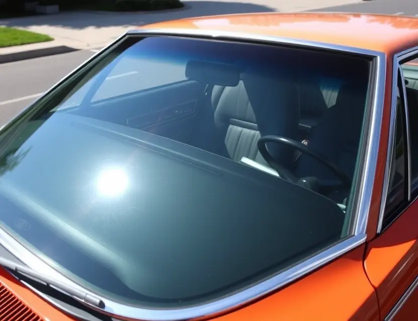 A Bricklin car with a replaced windshield, showcasing the new glass. The car is parked outdoors on a sunny day. Focus on the clarity and quality of the replacement windshield.