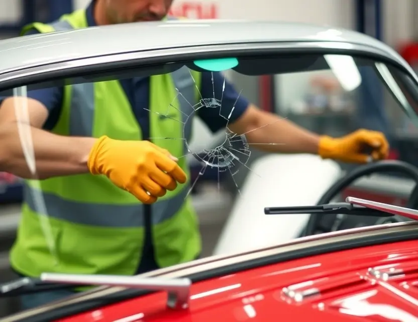 A close-up shot of an Austin Montego with a cracked windshield being replaced by a mechanic. The mechanic is wearing gloves and a safety vest, and the new windshield is being carefully installed. Focus on the windshield replacement process.
