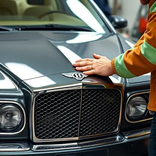 A detailed close‑up of a mechanic replacing the windshield on a 2002 Bentley Arnage, showing the car’s front, the mechanic’s hands, tools, and the new glass being installed in a garage setting