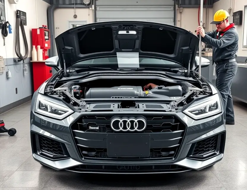 Замена лобового стекла Audi S5 A high-quality, realistic photo of an Audi S5 in a professional auto repair shop with its front windshield removed, showing the exposed frame and a new windshield being prepared for installation by a technician wearing safety gear, clean workshop environment, bright lighting, detailed car body, no text or logos