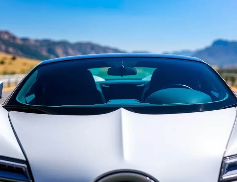 A Bugatti Mistral with a replaced windshield, showcasing the new glass. The car is parked on a scenic road, with a clear blue sky and mountains in the background. Focus on the clarity and quality of the replacement windshield.