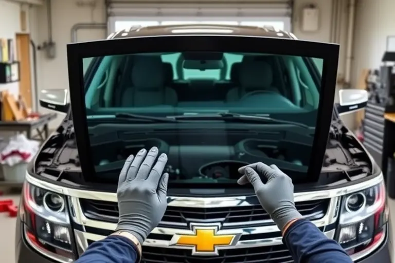 A detailed, realistic depiction of a mechanic performing a windshield replacement on a 2015 Chevrolet Suburban 6.2 V8 420 hp. The scene shows the front of the vehicle with the old windshield removed, the car's frame exposed, and the mechanic's hands holding a new windshield. Tools such as a suction cup, adhesive dispenser, and a cleaning cloth are present. The setting is a well-lit garage with subtle background elements like a workbench and storage cabinets. The focus is on the windshield area, the mechanic's gloves, and the precision of the replacement process.