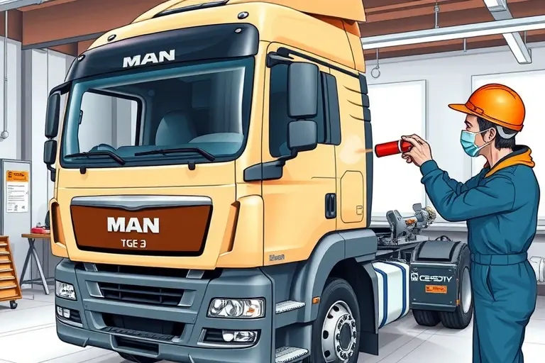A realistic illustration of a mechanic in a garage replacing the windshield of a MAN TGE 2.0 diesel truck (2017 model). The scene shows the truck's front side, the old windshield partially removed, and the new windshield being fitted with tools such as a suction cup, a rubber mallet, and a cleaning spray. The mechanic wears a safety helmet, gloves, and protective goggles. The background includes a workbench with automotive parts and a safety sign, with clear lighting and a slightly blurred background to emphasize the truck and the mechanic's hands.