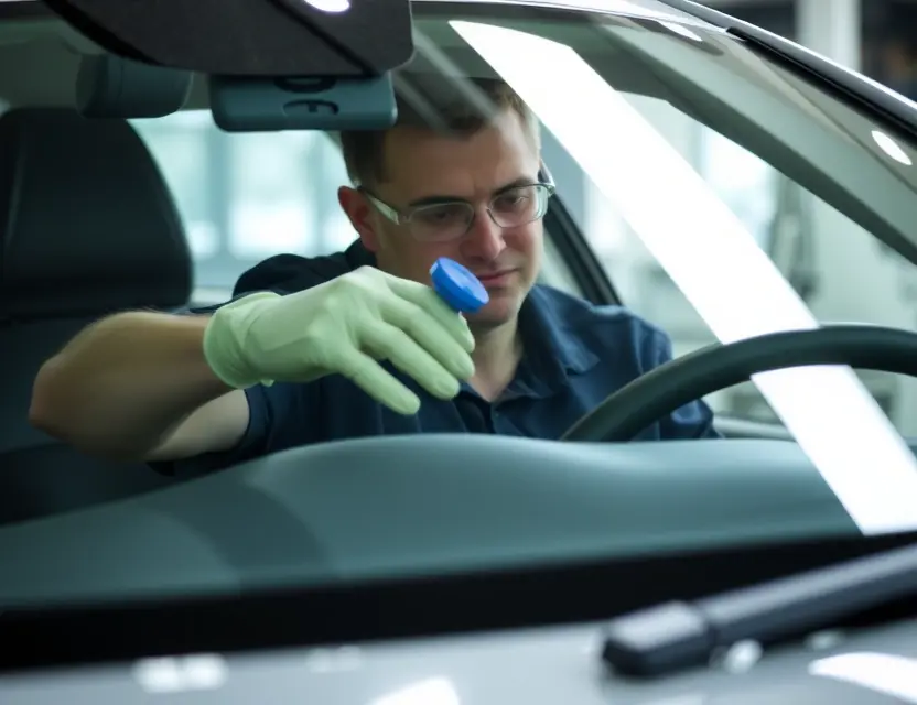 A close-up shot of a car windshield being replaced by a technician. The car is a Tank 300 model. The technician is wearing safety glasses and gloves. The replacement process is clearly visible. Focus on the windshield replacement action.