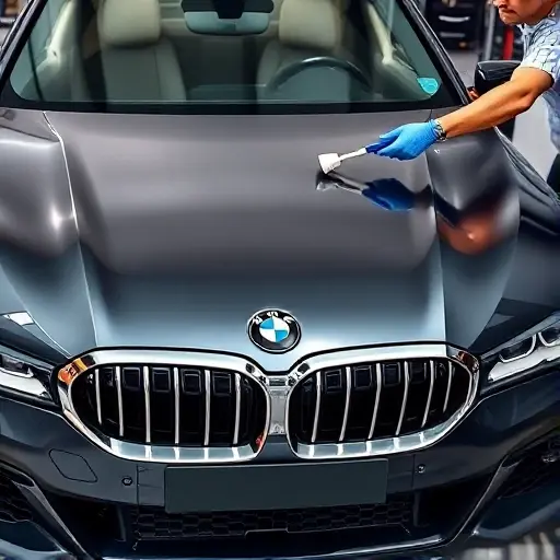 A high-resolution close-up of a BMW 7er G70 (2022) with its windshield being replaced. The image shows the front of the car, the new windshield partially installed, the old glass removed, a mechanic in gloves holding a suction cup, a tool kit in the background, and a clear view of the car's front grille and headlights. The scene is well-lit, with a focus on the replacement process.