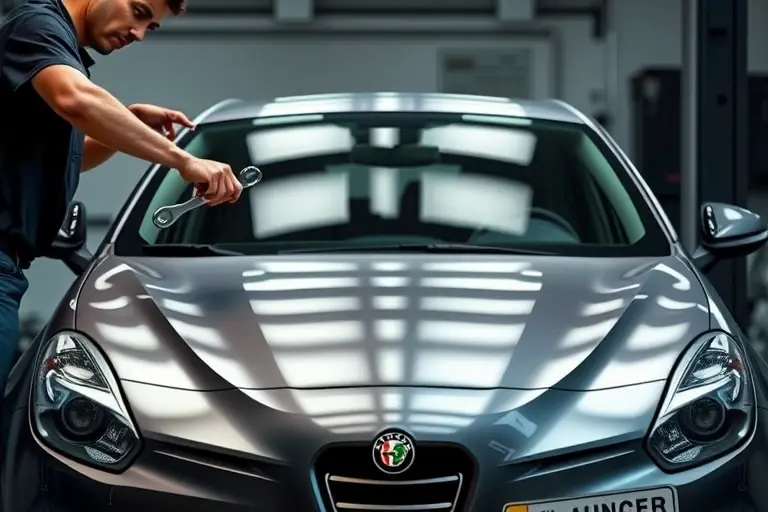 A realistic scene showing an Alfa Romeo Giulietta 1.4 TB MultiAir 170 in a workshop, with a professional mechanic carefully removing the old windshield and installing a new one. The focus is on the car's front, the windshield frame, and the tools (suction cups, wrenches) used for the replacement. The background includes a clean garage environment with subtle lighting, emphasizing the precision of the service.