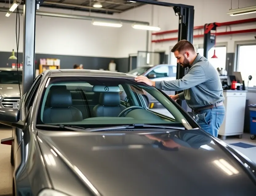 A car repair shop showing a technician carefully replacing the windshield of an Acura RSX, with professional tools and equipment visible, clean and well-lit environment, no people other than the technician, no text or logos