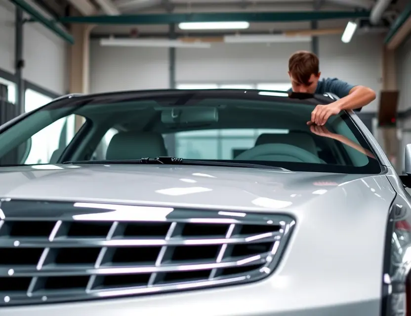 A high-quality, realistic close-up shot of a Cadillac DeVille in a professional auto glass repair shop, showing a technician carefully removing the old windshield and preparing the frame for a new one. The car is clean, with a focus on the front windshield area, bright workshop lighting, and no visible text or logos.