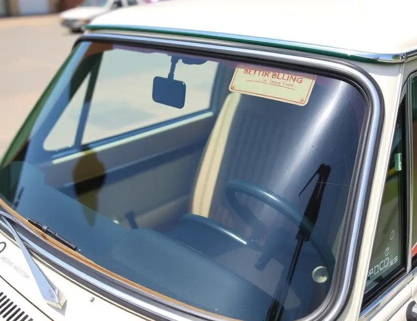 A close-up shot of a Triumph Dolomite Spr with a replaced windshield. The old windshield should be visible next to the new one, showcasing the replacement process. The car should be parked outdoors on a sunny day. Focus on the details of the new windshield and the surrounding area.
