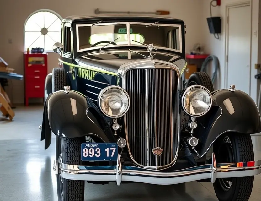 Замена лобового стекла Auburn 8 88 A vintage Auburn 8 88 automobile from the late 1930s parked in a classic garage setting, focusing on the front windshield area where a replacement is being performed, showing the car's elegant Art Deco lines, chrome accents, and wire wheels, with soft natural lighting highlighting the vehicle's polished bodywork and the clear glass of the windshield, no people or tools visible