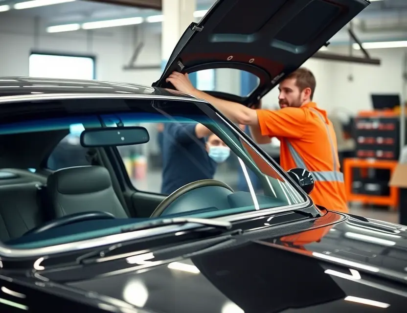 A professional automotive service center showing a technician carefully replacing a windshield on an AMC Spirit car, with clean tools and safety equipment visible, modern facility background, natural lighting, no people other than the technician, no text or logos