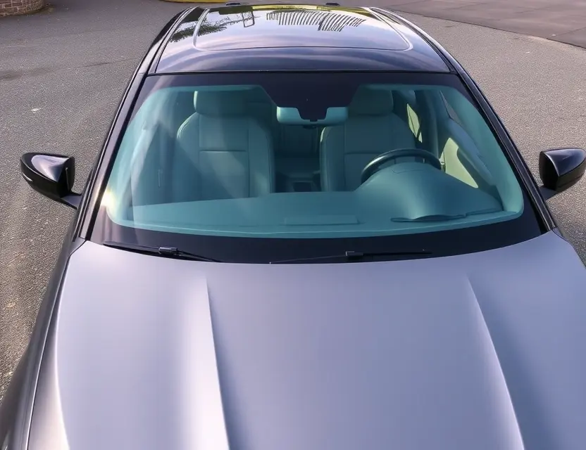 A high-quality image depicting a BMW M5 (G30) with a replaced windshield. The windshield is clear and new, seamlessly integrated with the existing frame. The car is parked outdoors on a clean asphalt surface. Focus on the detail of the windshield replacement and the overall condition of the car.